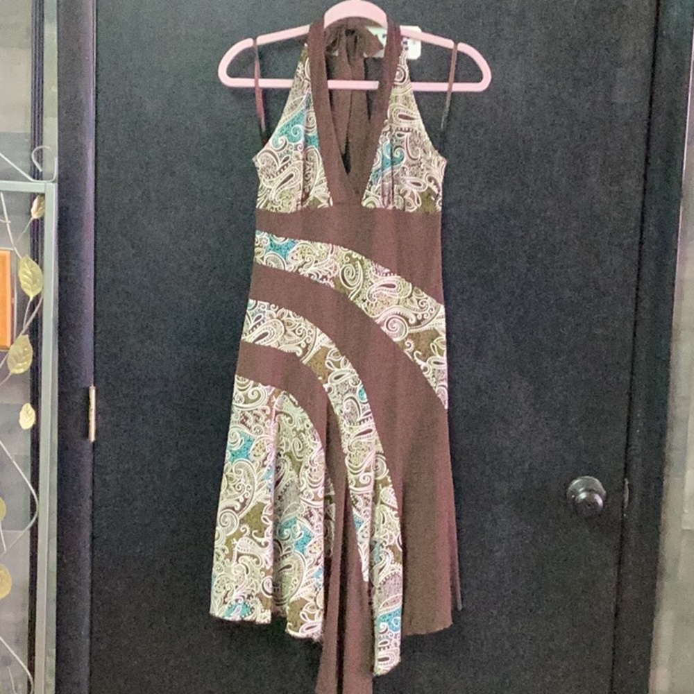 Asymmetrical Halter Sundress in Brown and Cream